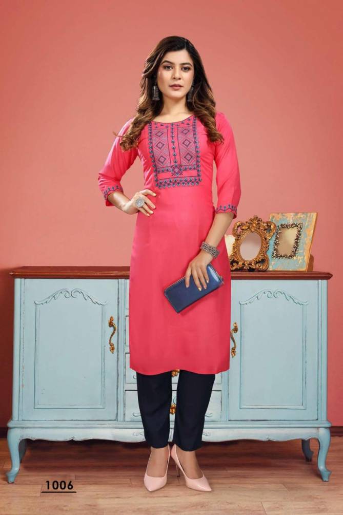 Pears 1001 Rayon Embroidery Ethnic Wear Kurti With Pant Collection